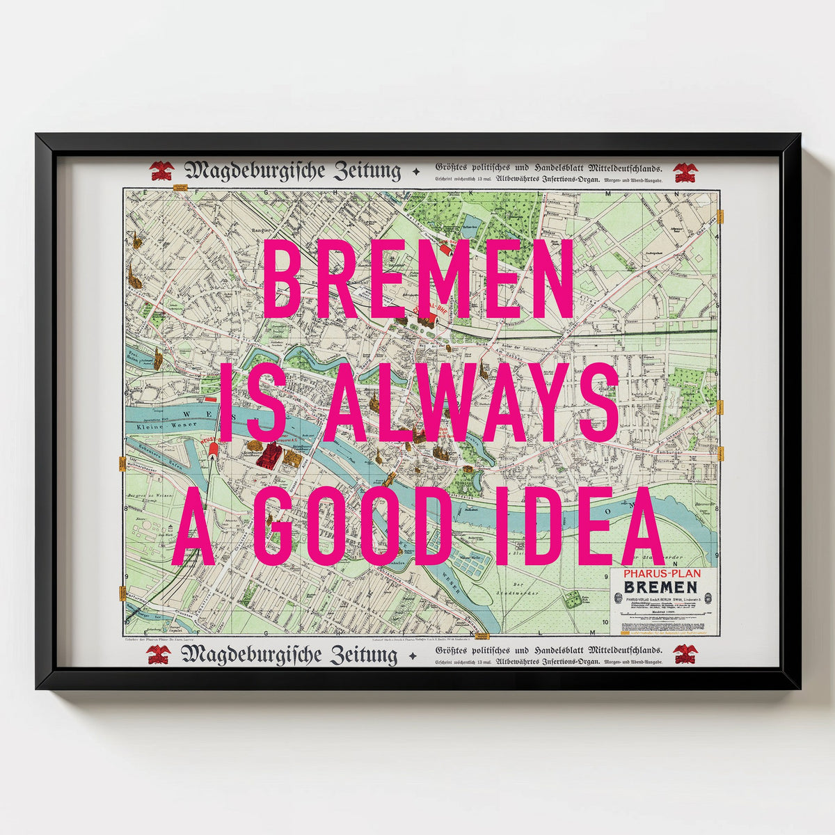 Bremen Retro Pop Art Map Print (landscape) - black frame mockup - Magic Posters