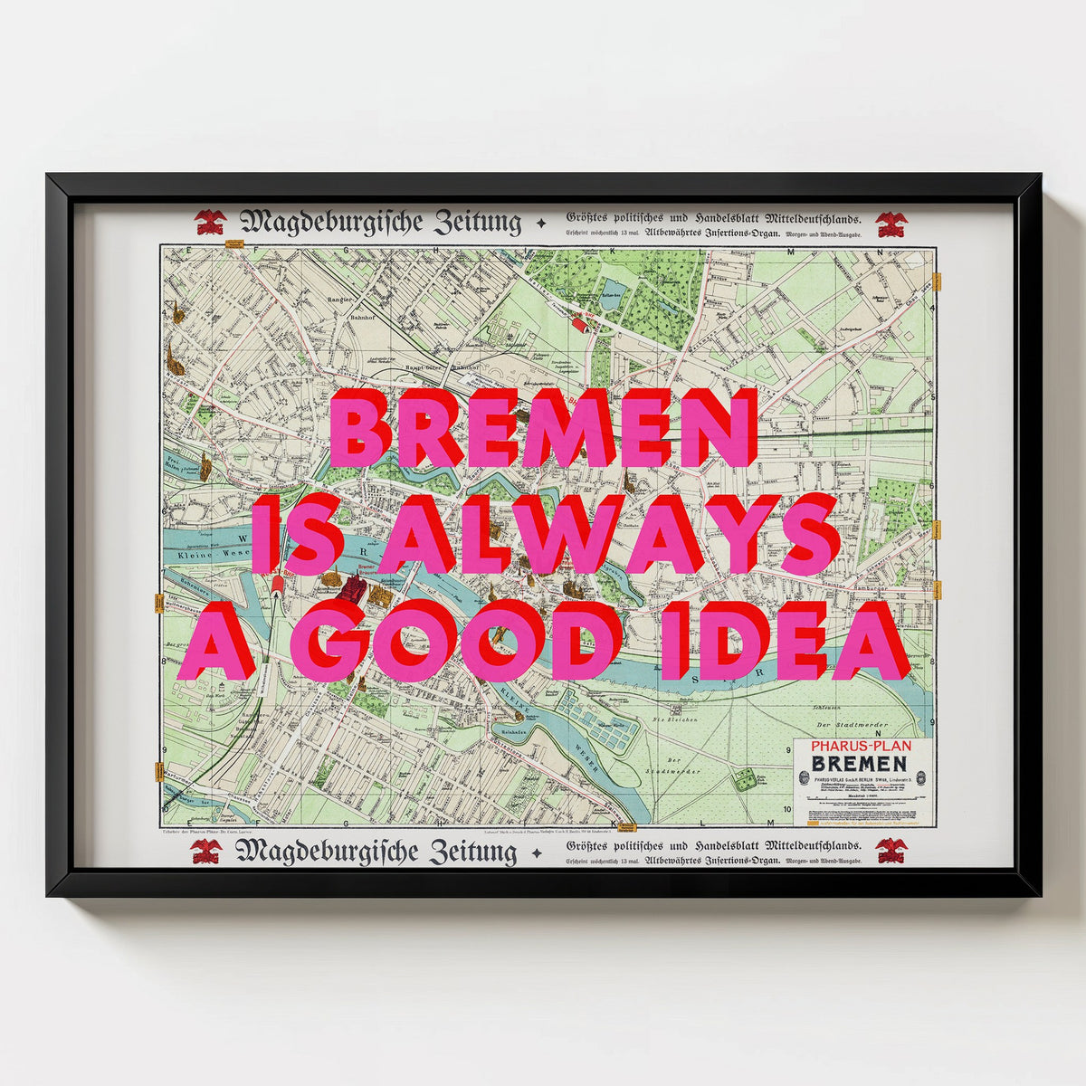 Bremen Retro Pop Art Map Print (landscape) - black frame mockup - Magic Posters