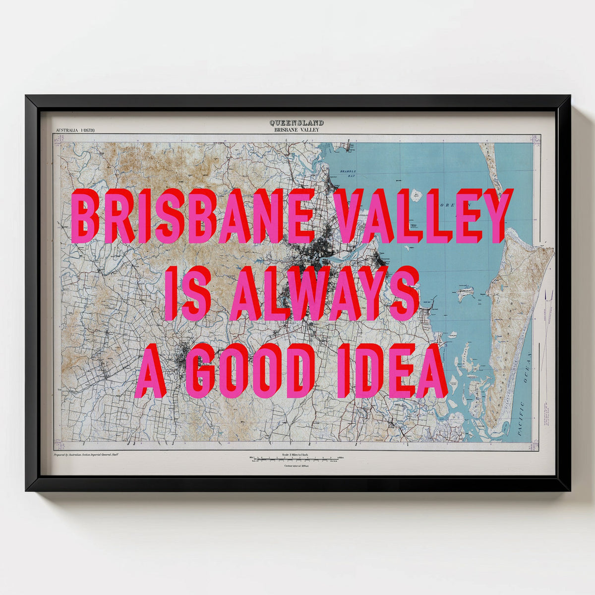 Brisbane Valley Retro Pop Art Map Print (landscape) - black frame mockup - Magic Posters Bold