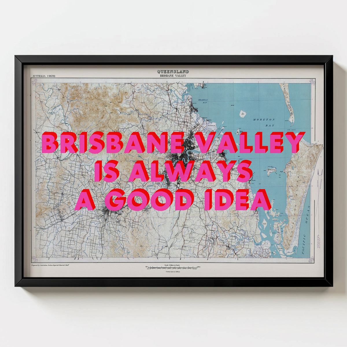 Brisbane Valley Retro Pop Art Map Print (landscape) - black frame mockup - Magic Posters