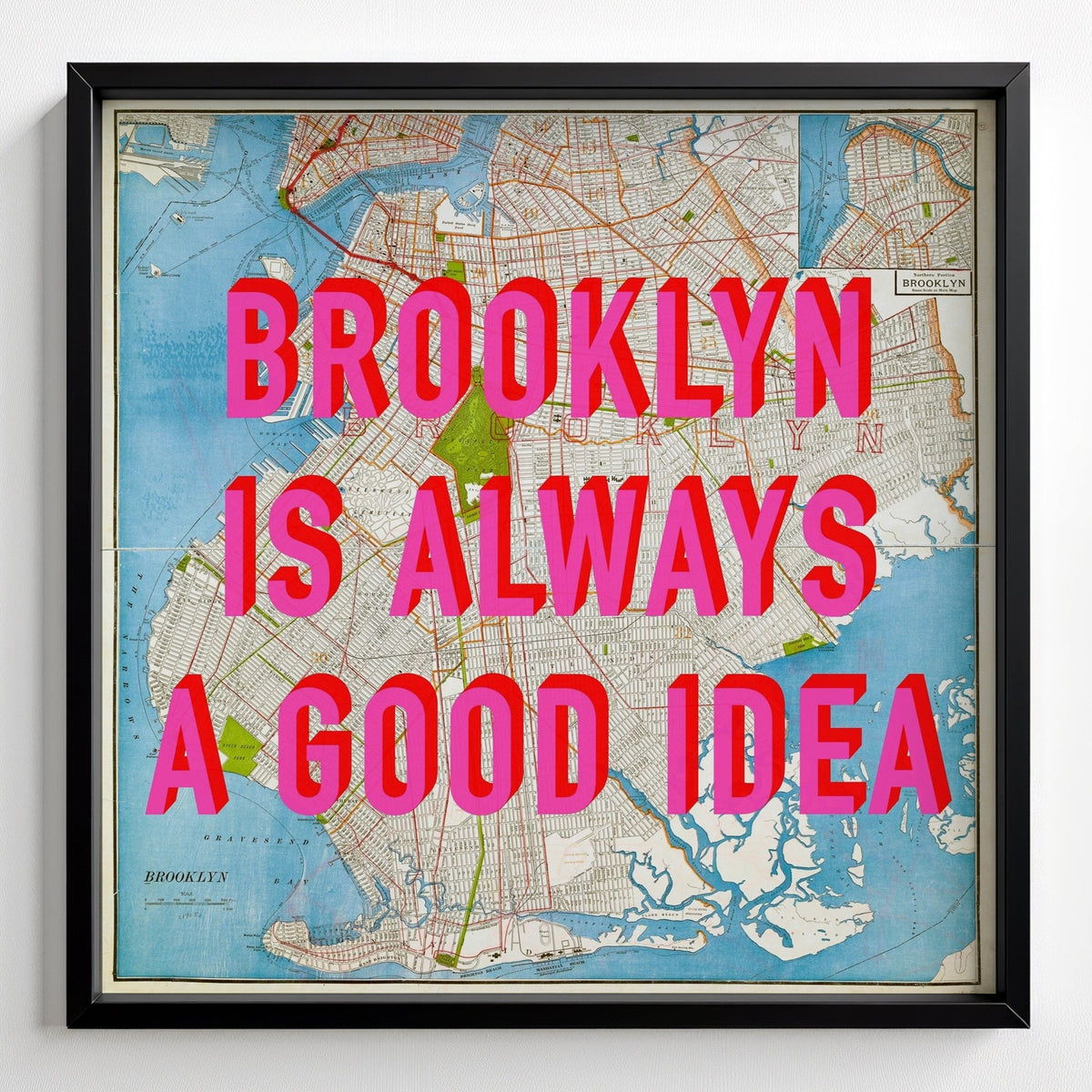 Brooklyn - New York Retro Pop Art Map Print (Square) - black frame mockup - Magic Posters