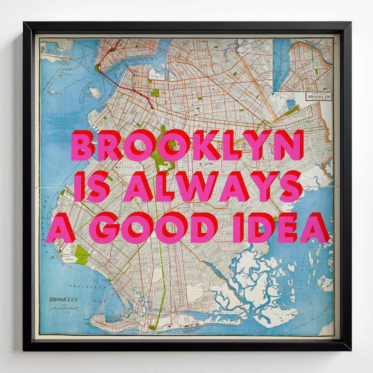 Brooklyn - New York Retro Pop Art Map Print (Square) - black frame mockup - Magic Posters