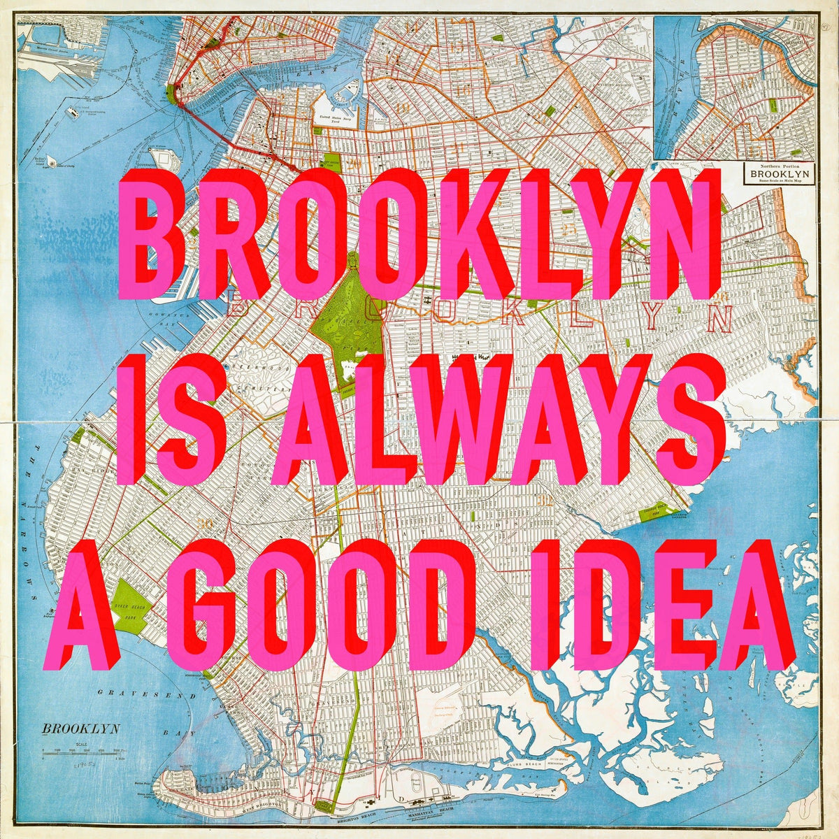 Brooklyn - New York Retro Pop Art Map Print (Square)