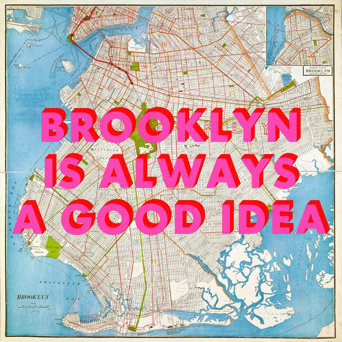 Brooklyn - New York Retro Pop Art Map Print (Square)