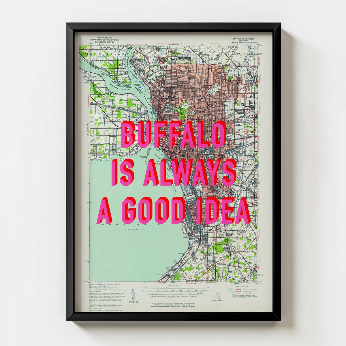 Buffalo Retro Pop Art Map Print (portrait) - black frame mockup - Magic Posters Bold