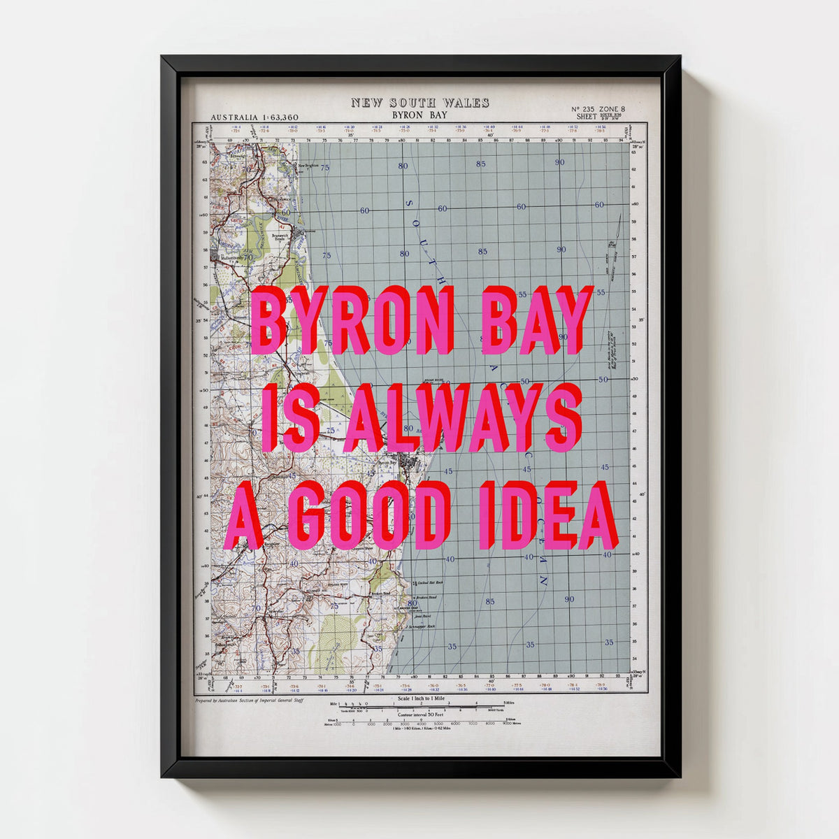 Byron Bay Retro Pop Art Map Print (portrait) - black frame mockup - Magic Posters Bold