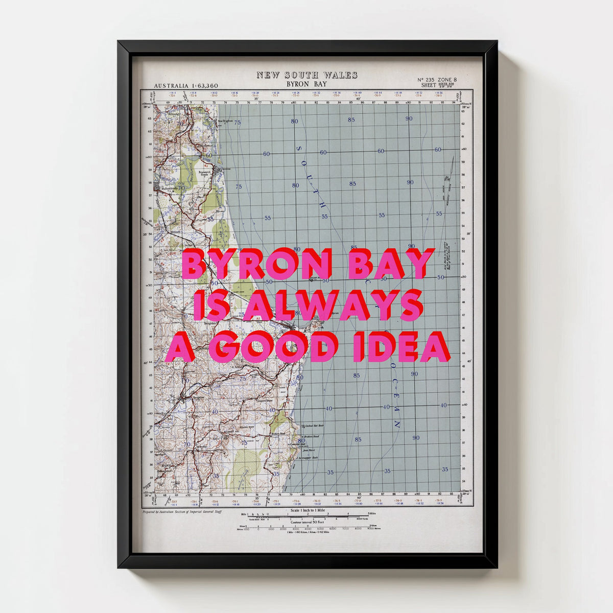 Byron Bay Retro Pop Art Map Print (portrait) - black frame mockup - Magic Posters