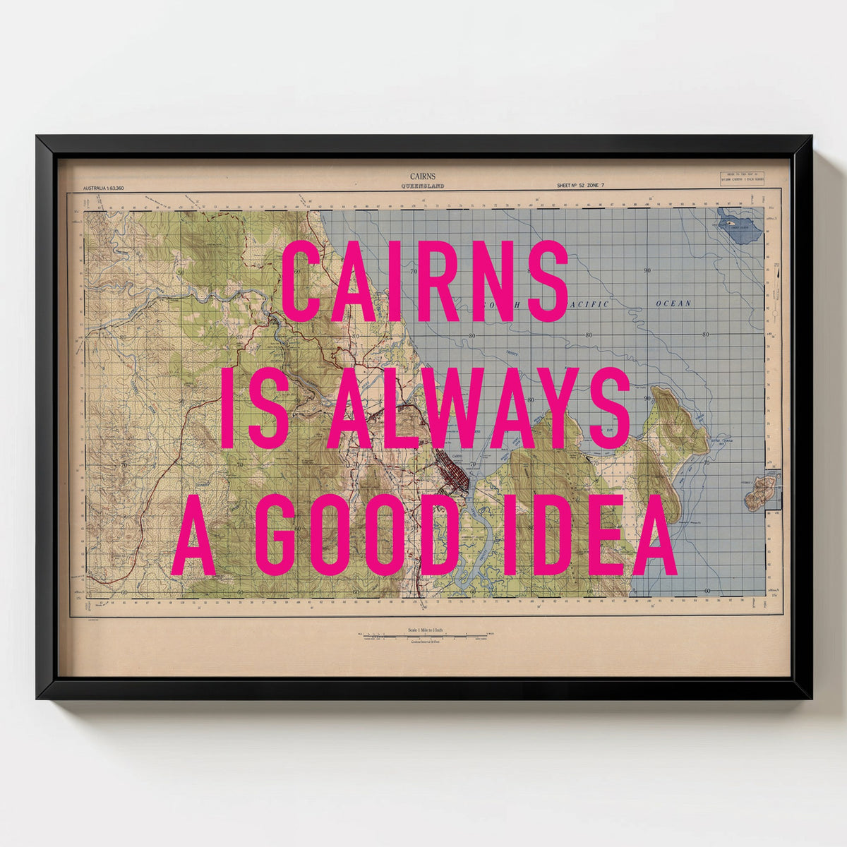 Cairns Retro Pop Art Map Print (landscape) - black frame mockup - Magic Posters