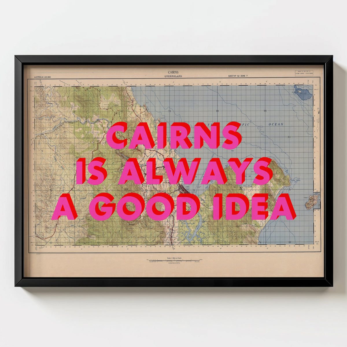 Cairns Retro Pop Art Map Print (landscape) - black frame mockup - Magic Posters