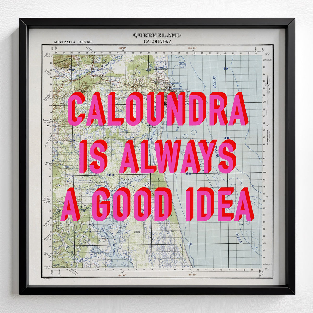 Caloundra Retro Pop Art Map Print (square) - black frame mockup - Magic Posters Bold