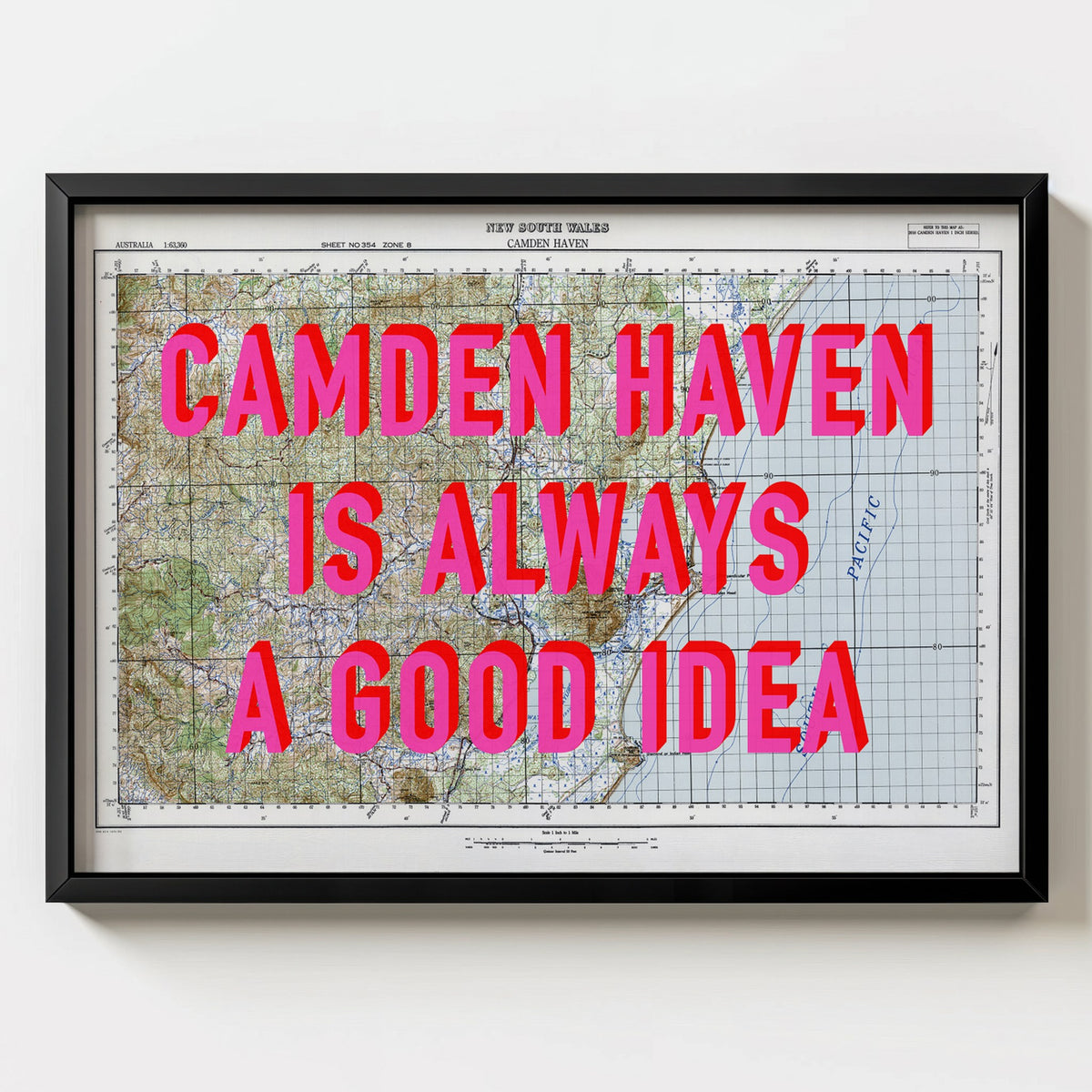 Camden Haven Retro Pop Art Map Print (landscape) - black frame mockup - Magic Posters Bold