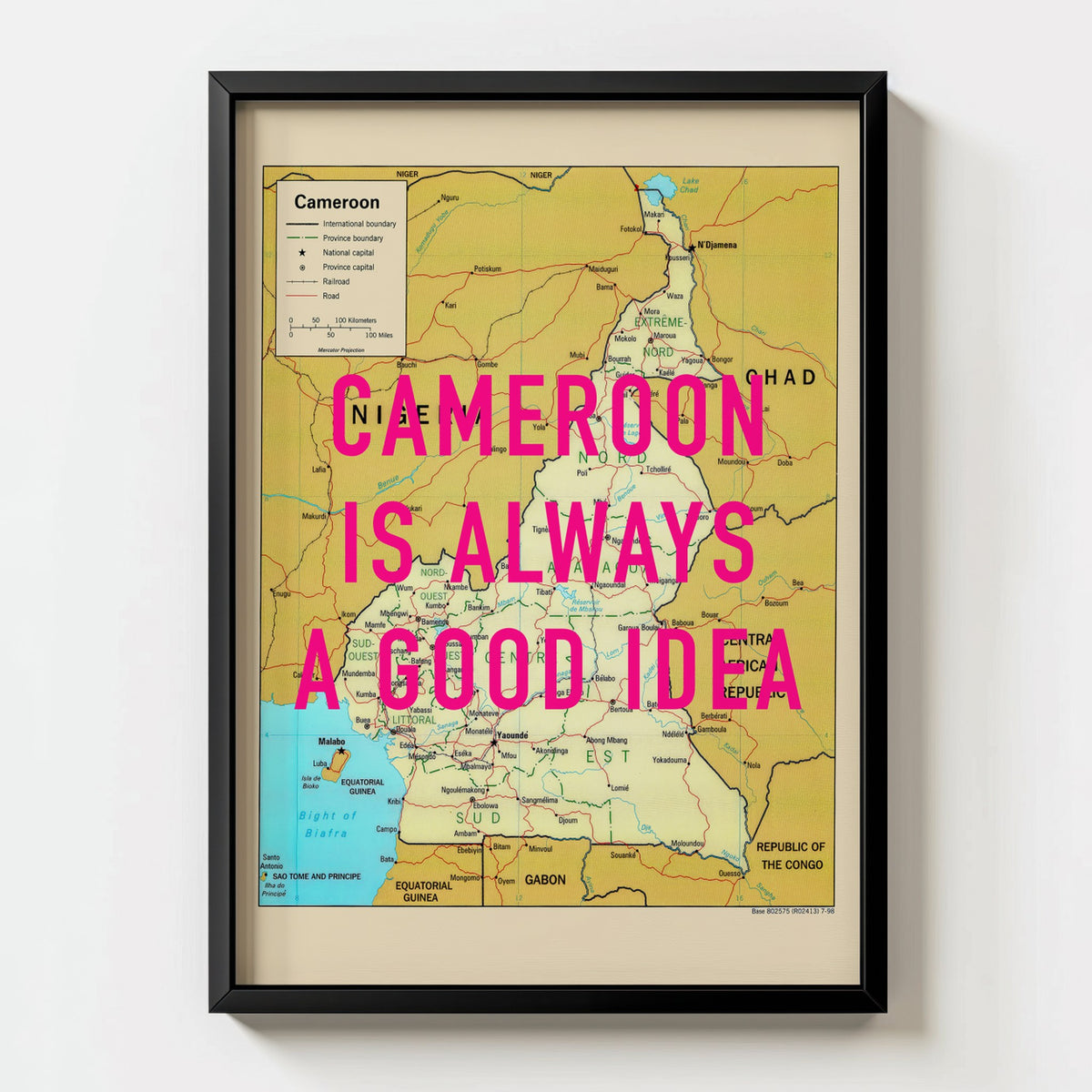 Cameroon Retro Pop Art Map Print (portrait) - black frame mockup - Magic Posters