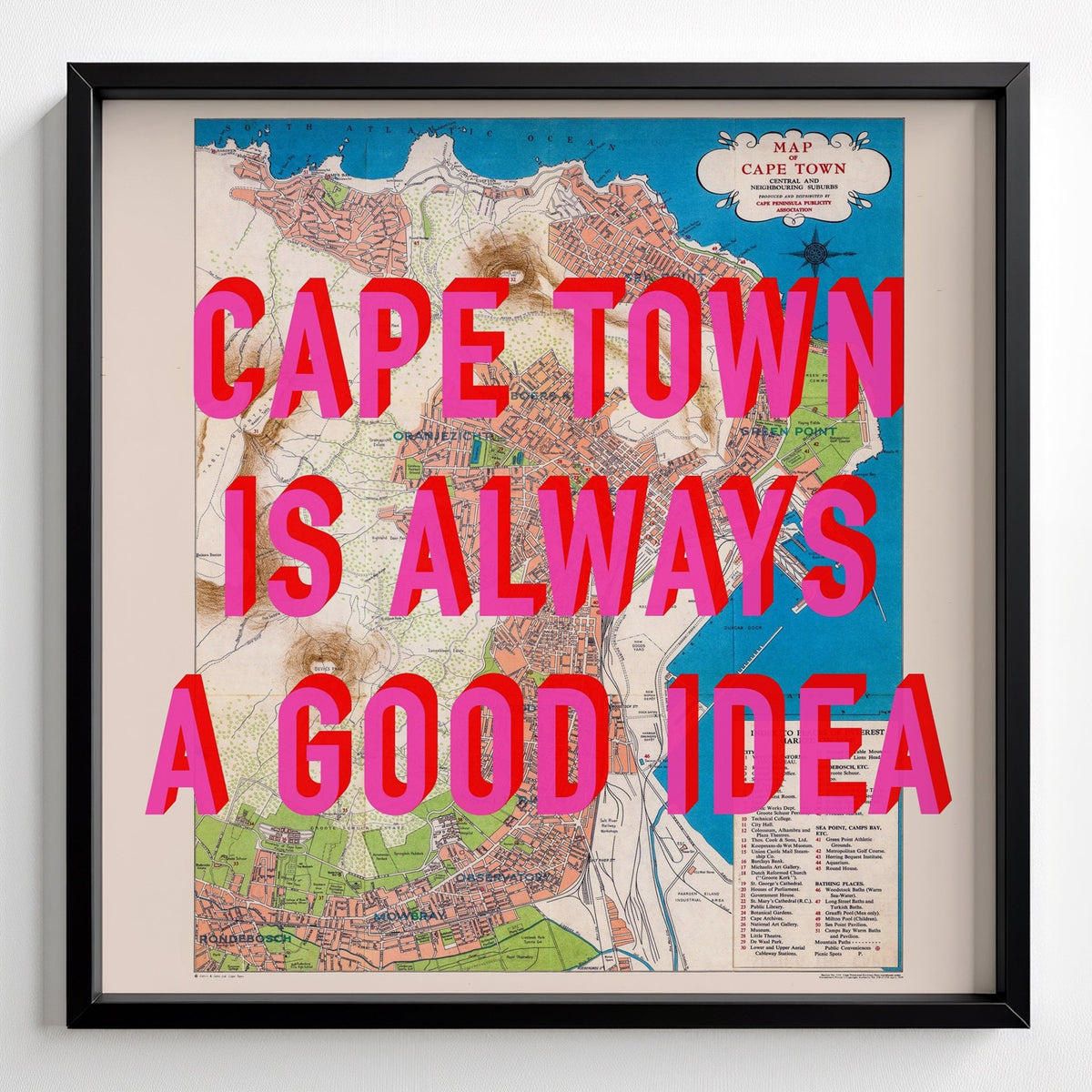 Cape Town Retro Pop Art Map Print (square) - black frame mockup - Magic Posters