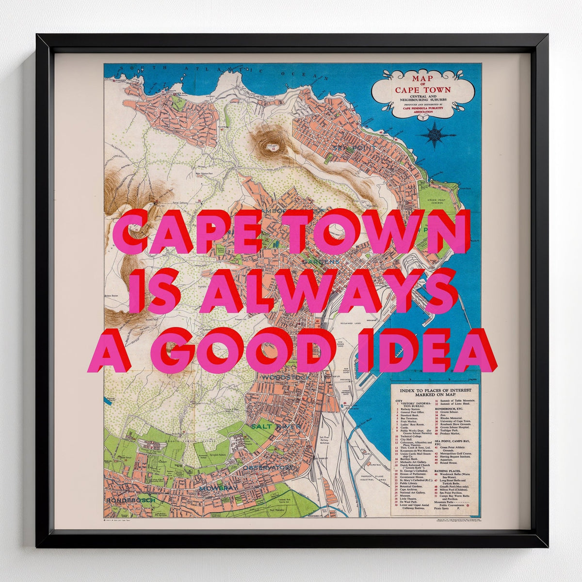 Cape Town Retro Pop Art Map Print (square) - black frame mockup - Magic Posters