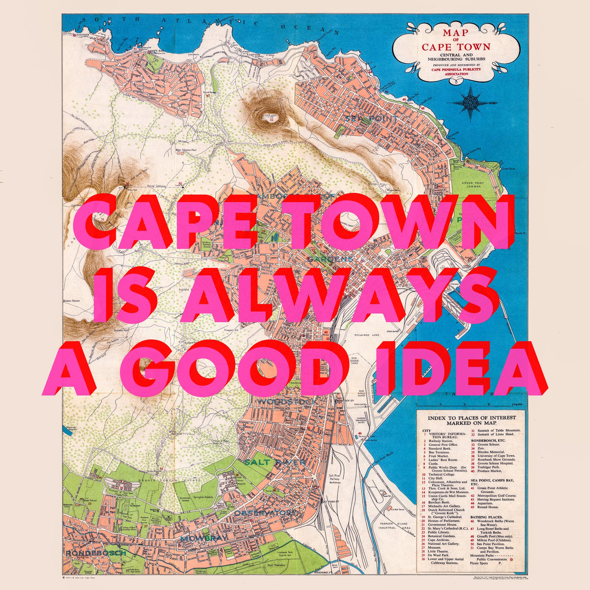 Cape Town Retro Pop Art Map Print (square)