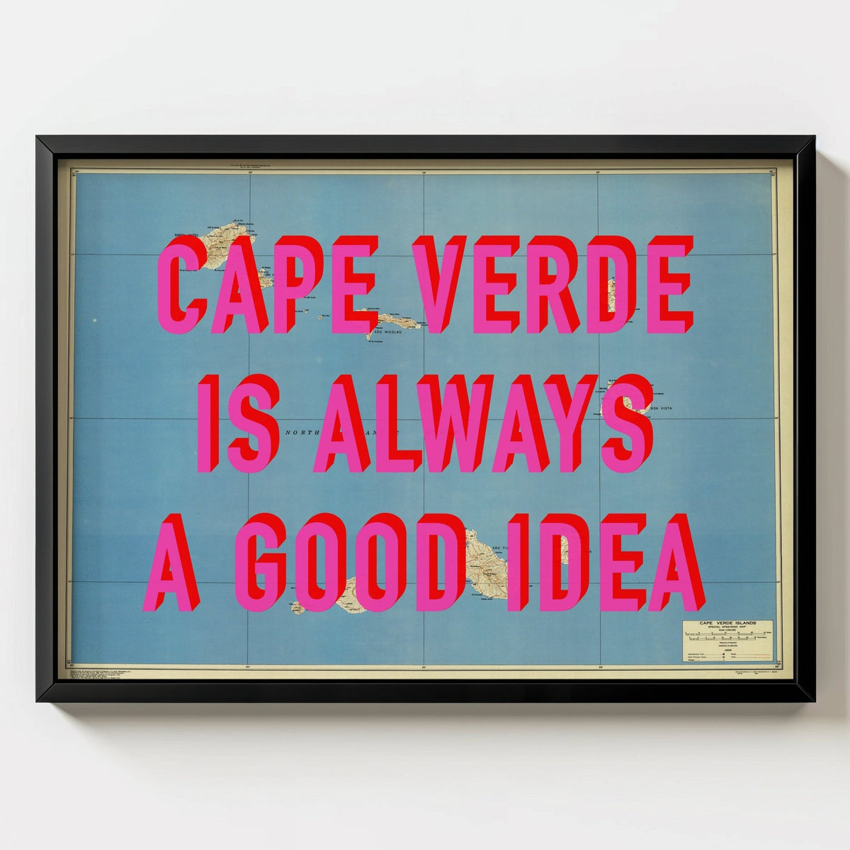Cape Verde Retro Pop Art Map Print (Landscape) - black frame mockup - Magic Posters