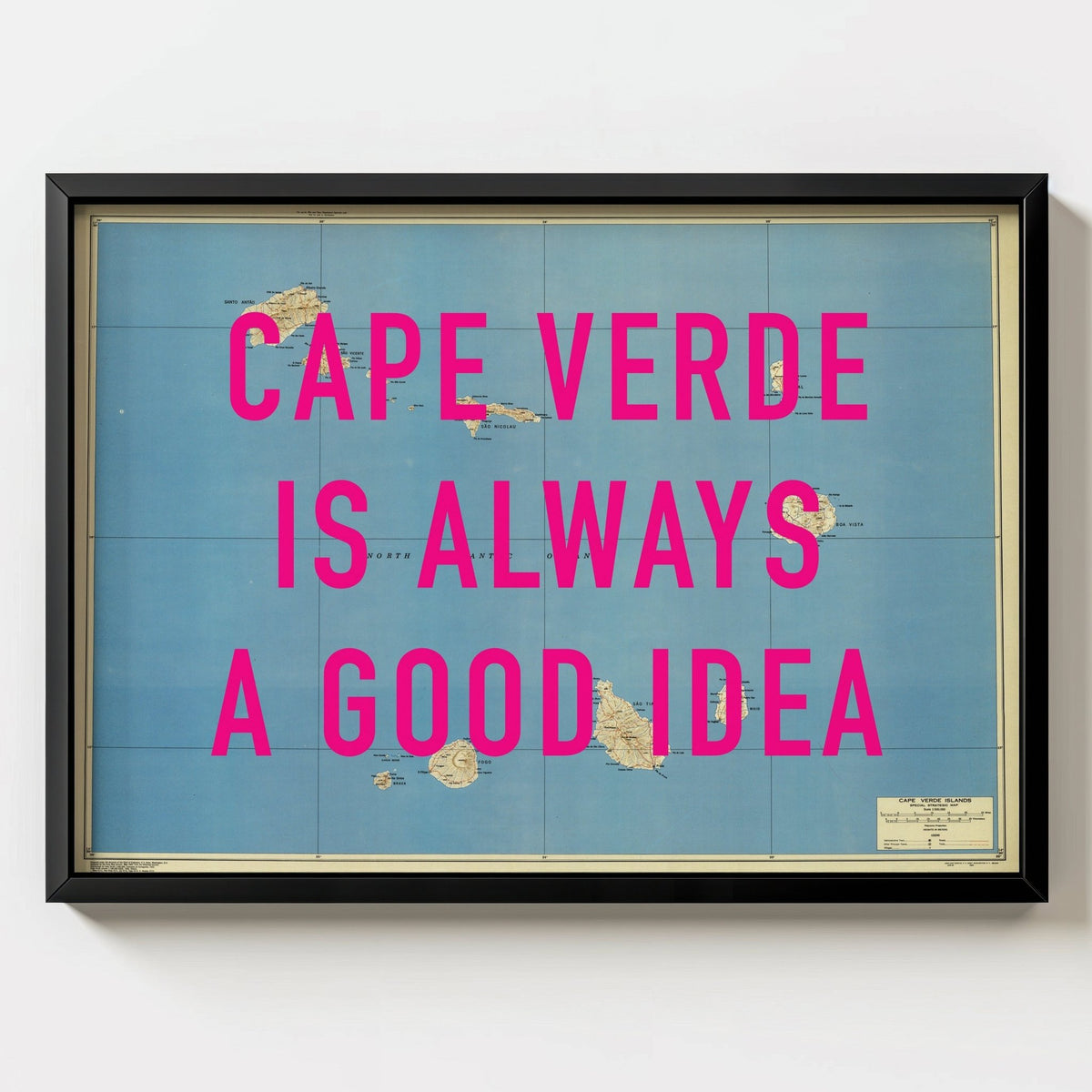 Cape Verde Retro Pop Art Map Print (Landscape) - black frame mockup - Magic Posters