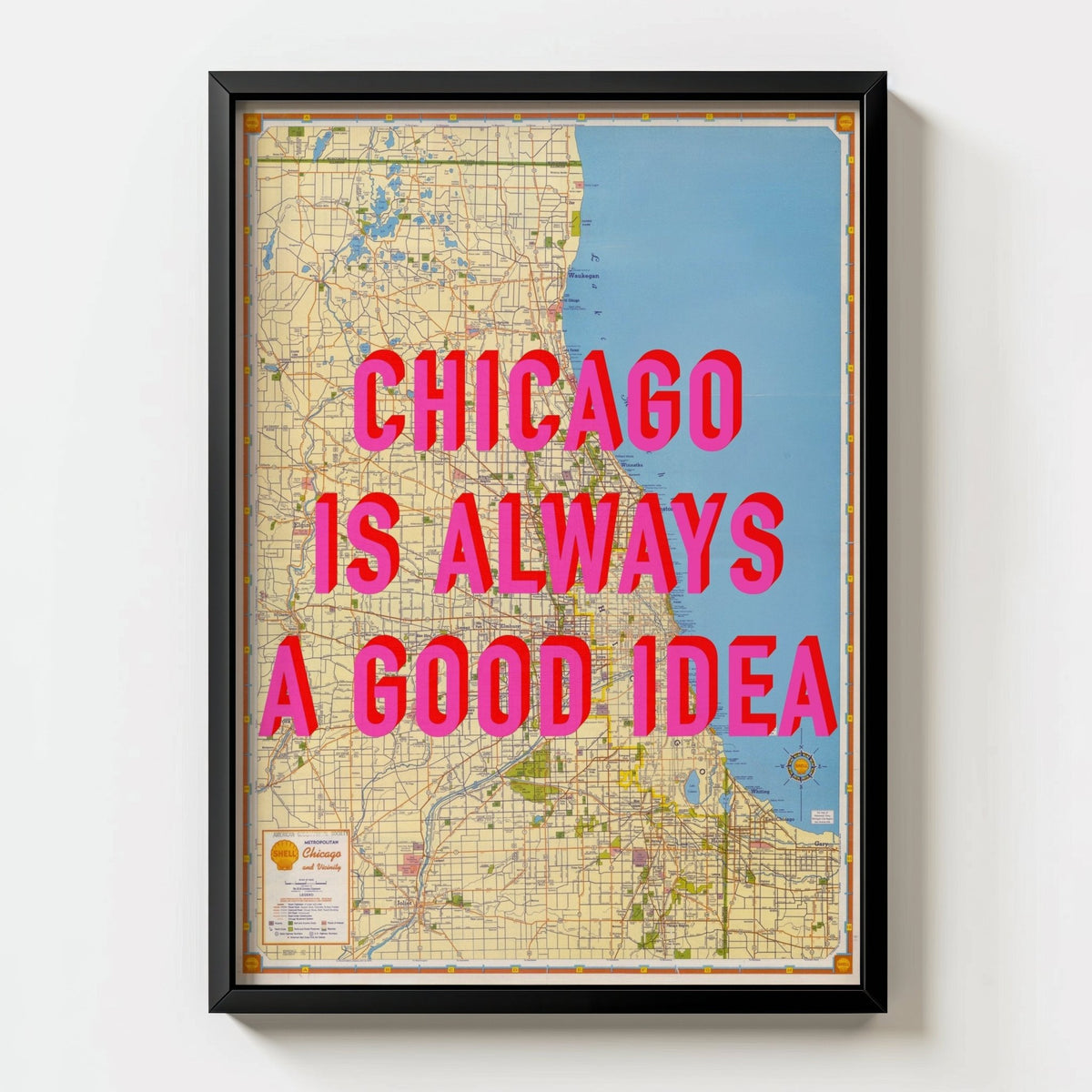 Chicago Retro Pop Art Map Print (portrait) - black frame mockup - Magic Posters