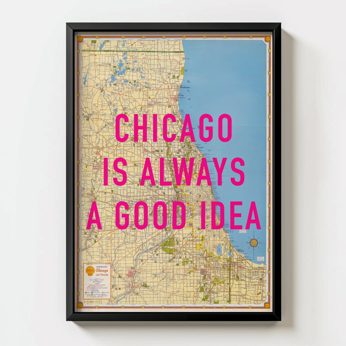 Chicago Retro Pop Art Map Print (portrait) - black frame mockup - Magic Posters
