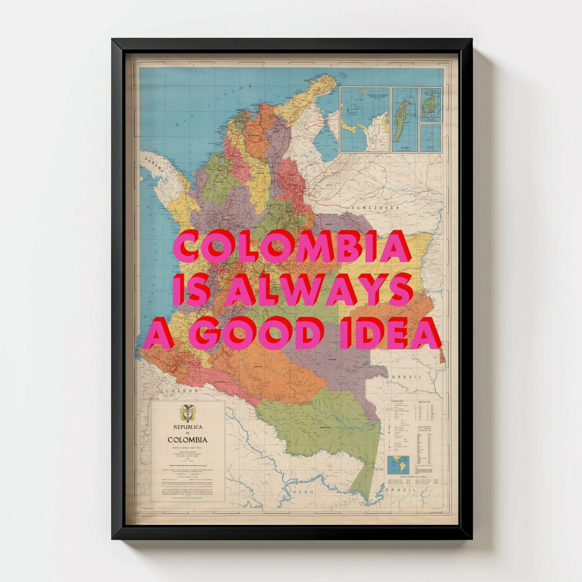 Colombia Retro Pop Art Map Print (Portrait) - black frame mockup - Magic Posters