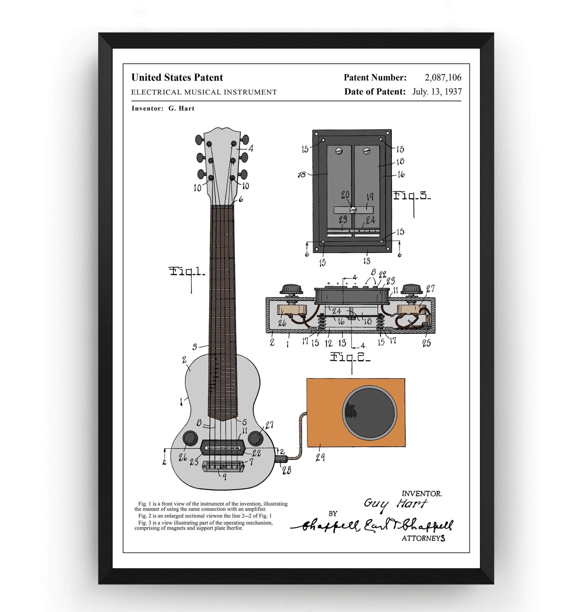 Colourised Gibson E-150 Guitar 1937 Patent Print - Magic Posters