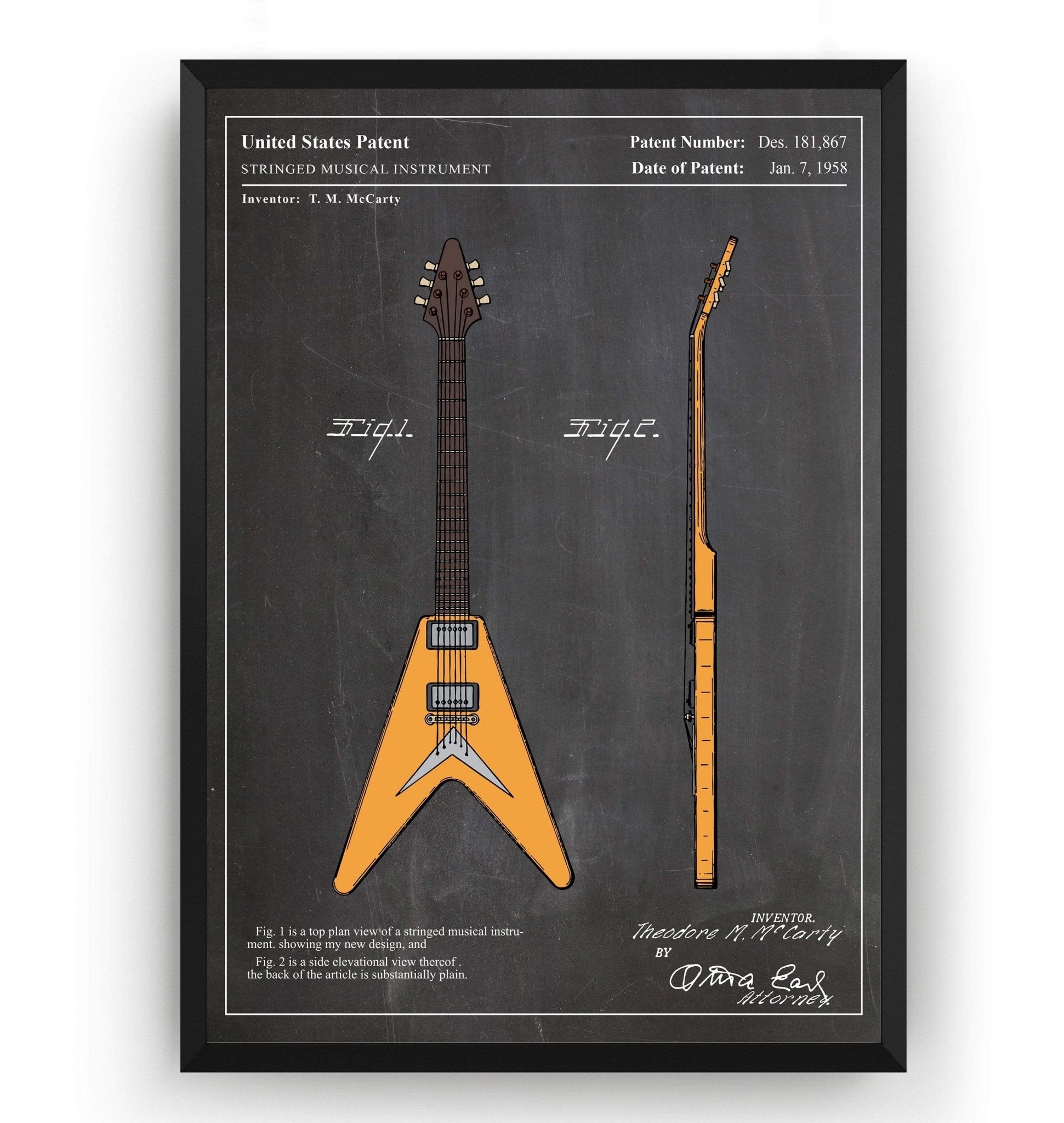 Colourised Gibson Flying V Guitar Patent Print - Magic Posters