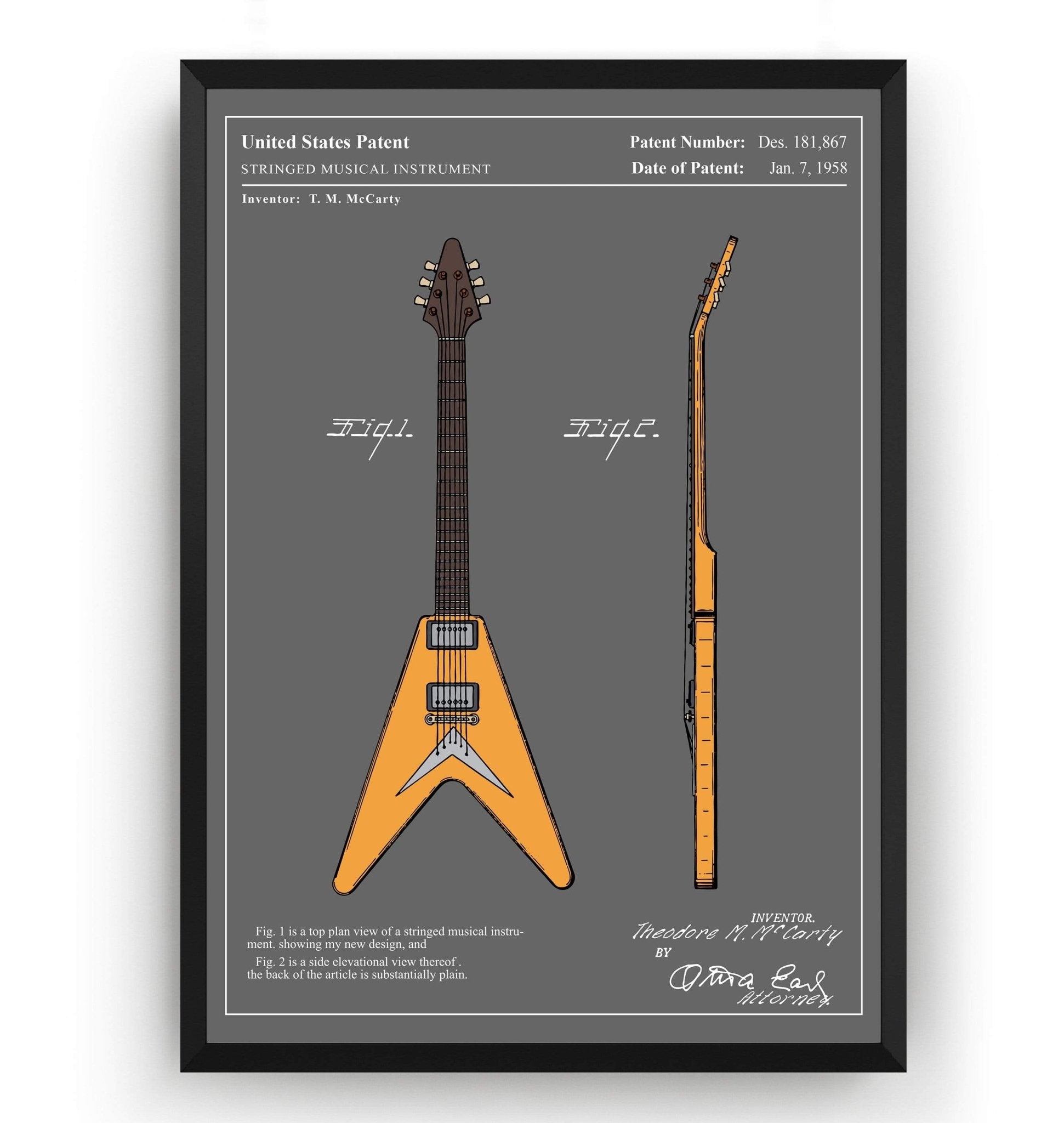 Colourised Gibson Flying V Guitar Patent Print - Magic Posters