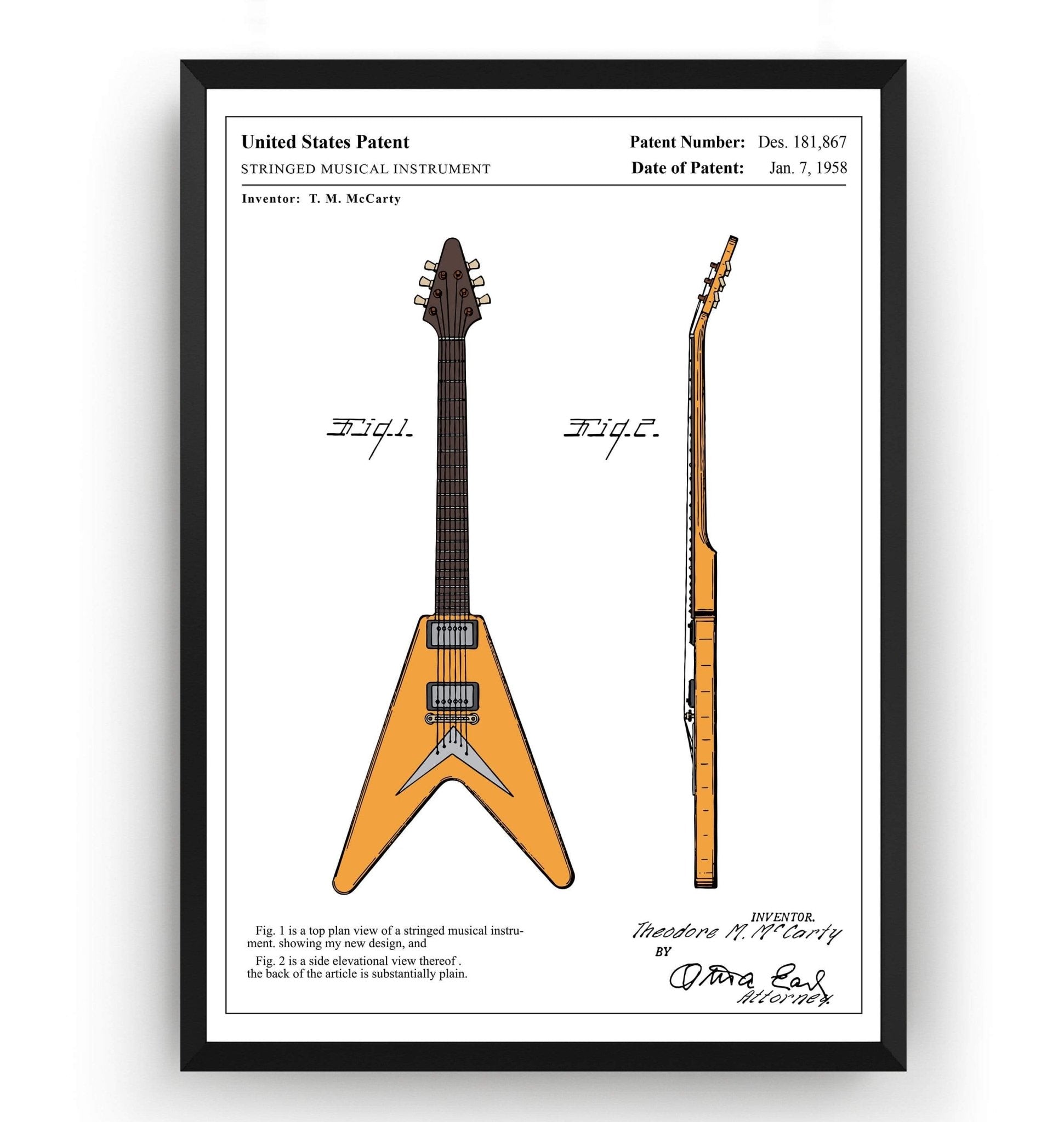 Colourised Gibson Flying V Guitar Patent Print - Magic Posters