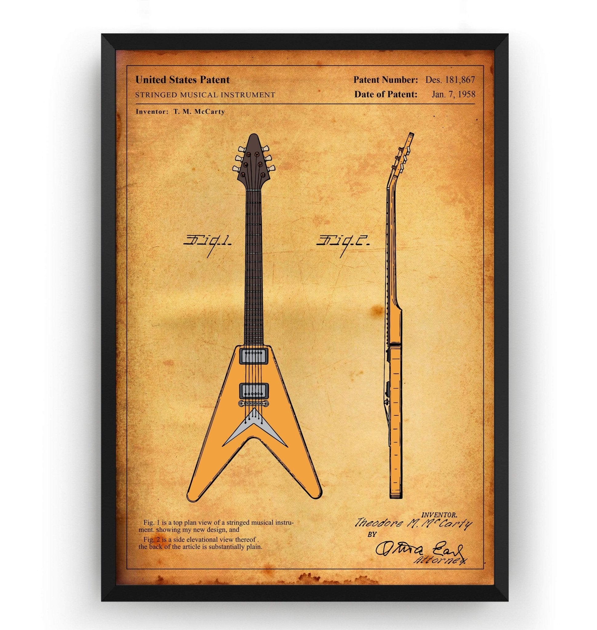 Colourised Gibson Flying V Guitar Patent Print - Magic Posters