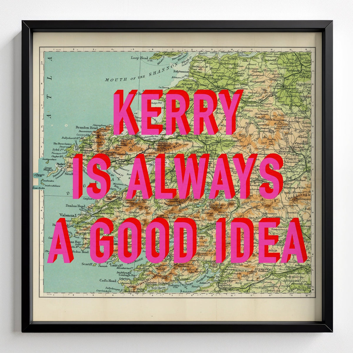 County Kerry Retro Pop Art Map Print (Ireland) - black frame mockup - Magic Posters