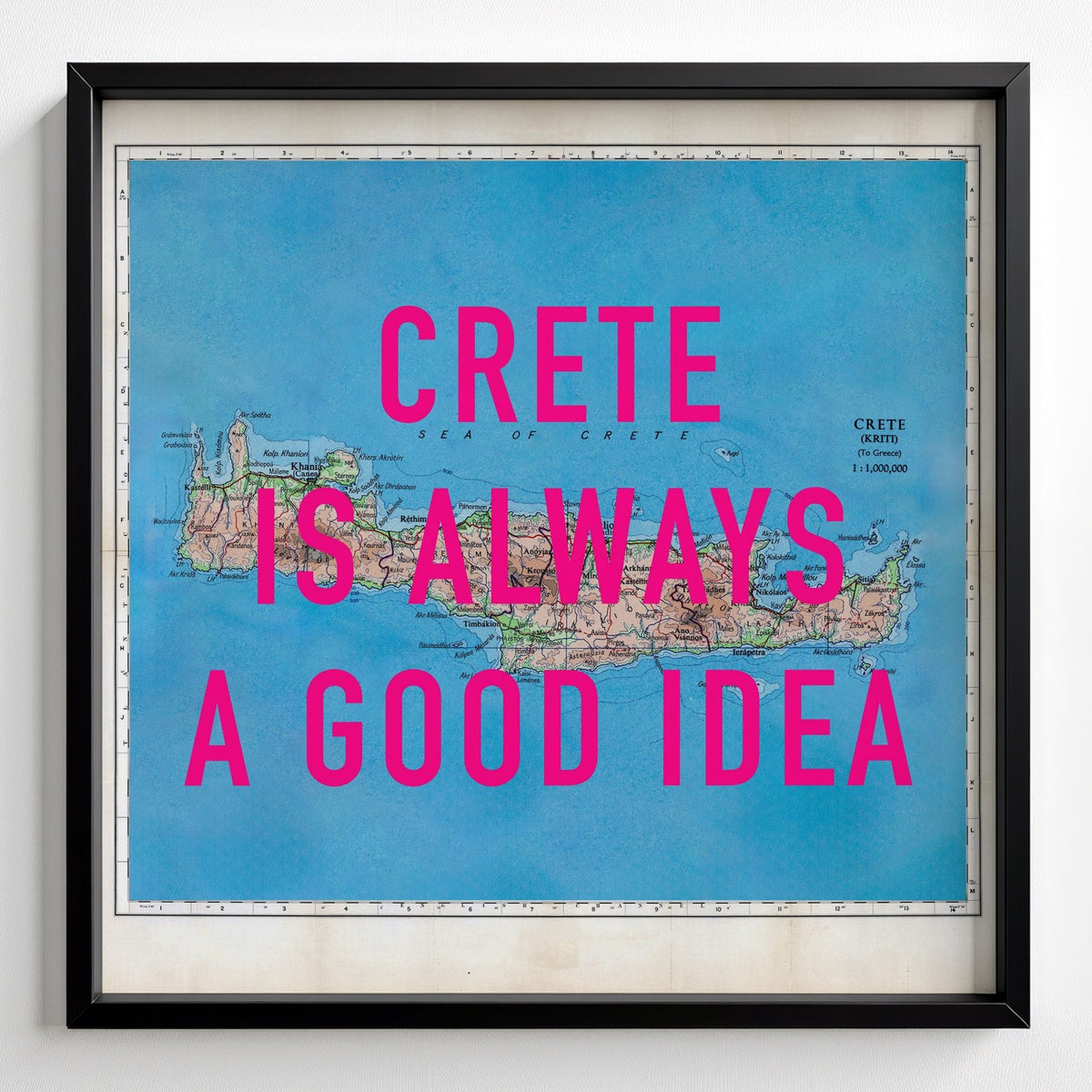 Crete Retro Pop Art Map Print - black frame mockup - Magic Posters