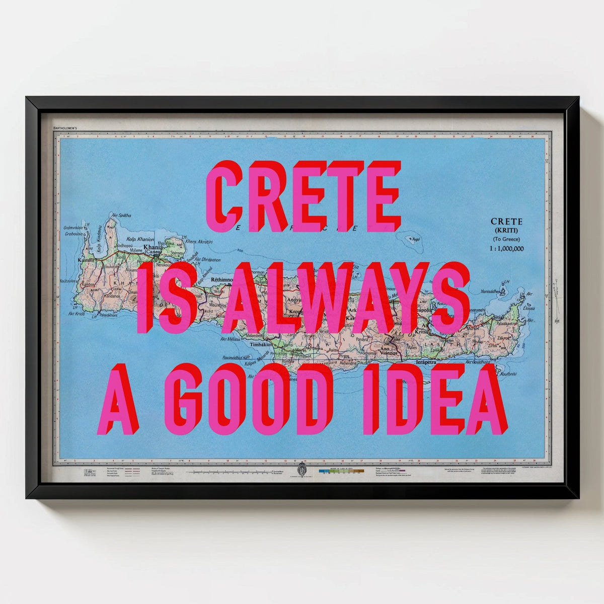 Crete Retro Pop Art Map Print - black frame mockup - Magic Posters