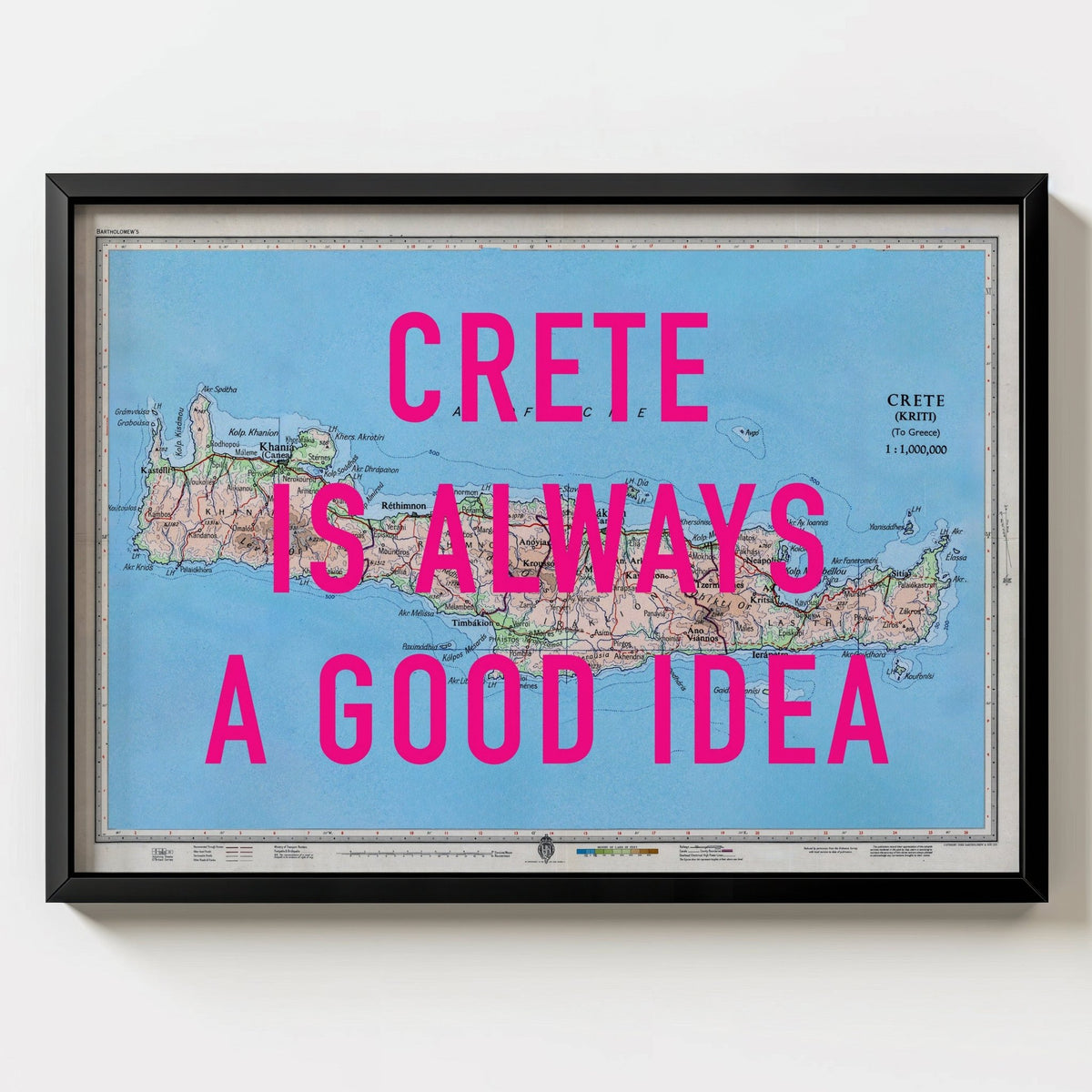 Crete Retro Pop Art Map Print - black frame mockup - Magic Posters