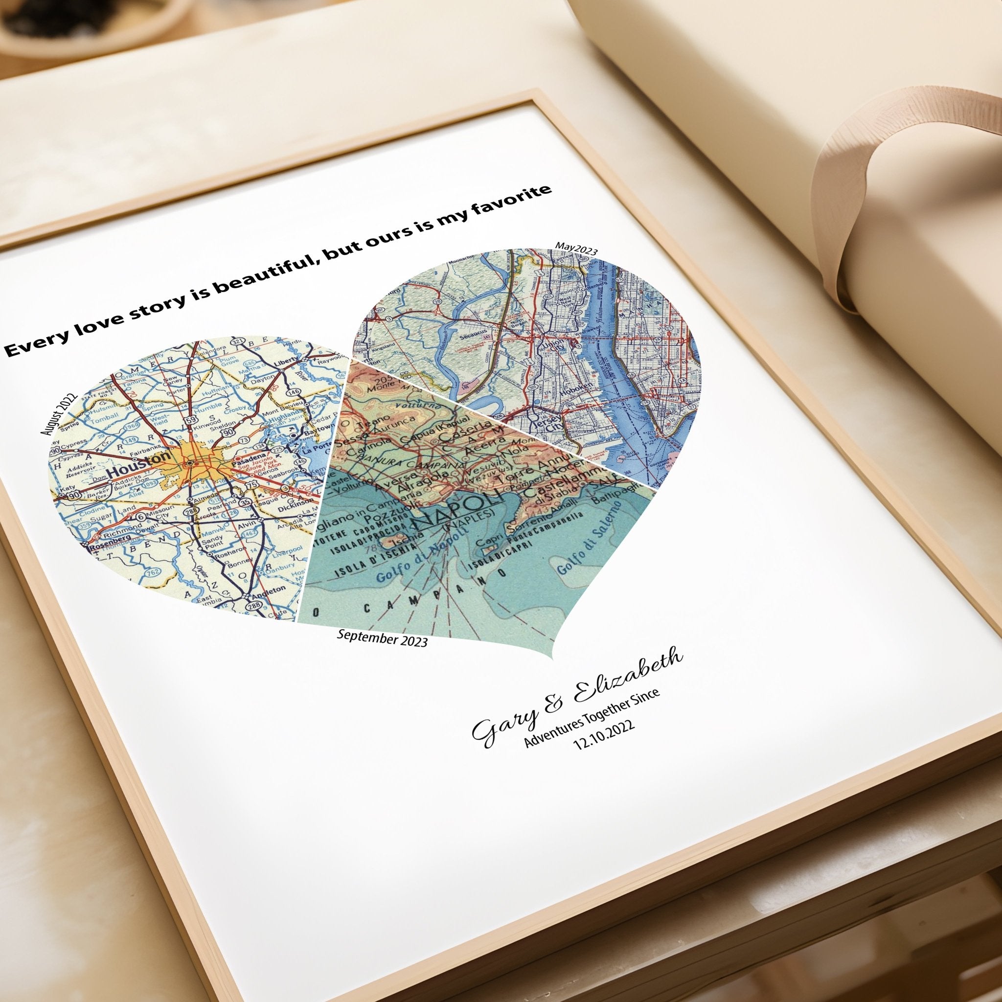 Custom Heart Map Print Any 3 Locations - White - Magic Posters