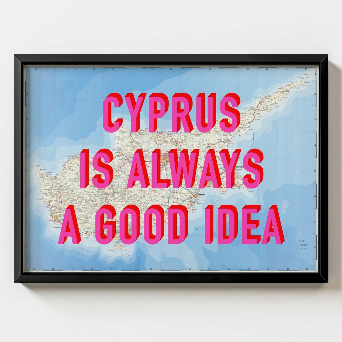 Cyprus Retro Pop Art Map Print (Landscape) - black frame mockup - Magic Posters
