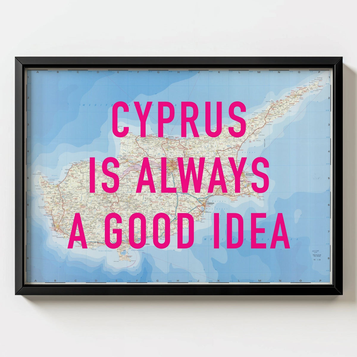 Cyprus Retro Pop Art Map Print (Landscape) - black frame mockup - Magic Posters