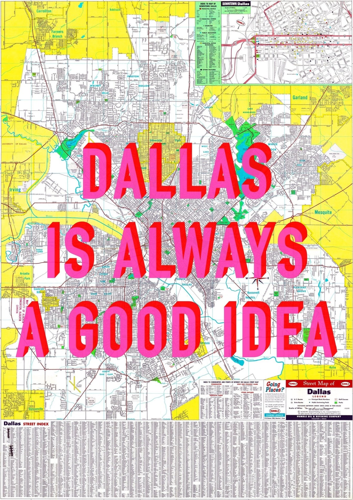 Dallas Retro Pop Art Map Print (portrait)