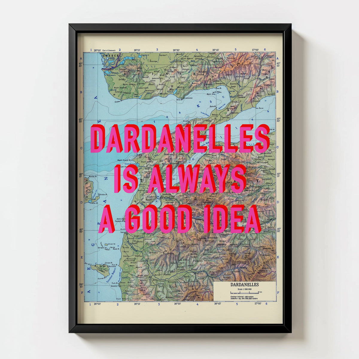 Dardanelles Retro Pop Art Map Print (portrait) - black frame mockup - Magic Posters Bold