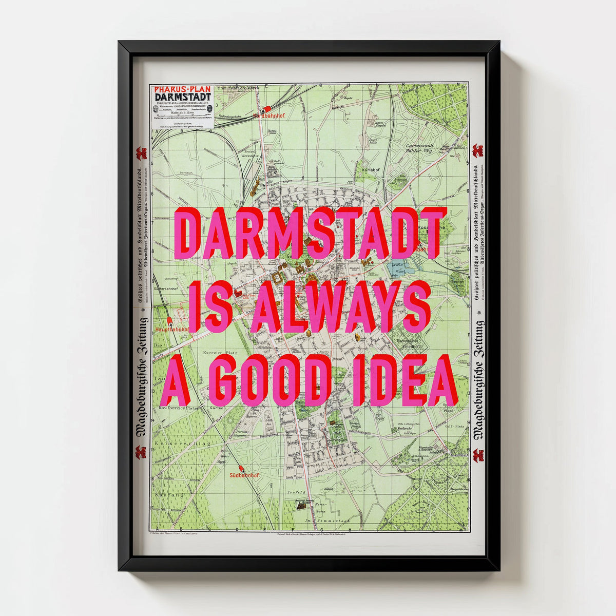 Darmstadt Retro Pop Art Map Print (portrait) - black frame mockup - Magic Posters Bold