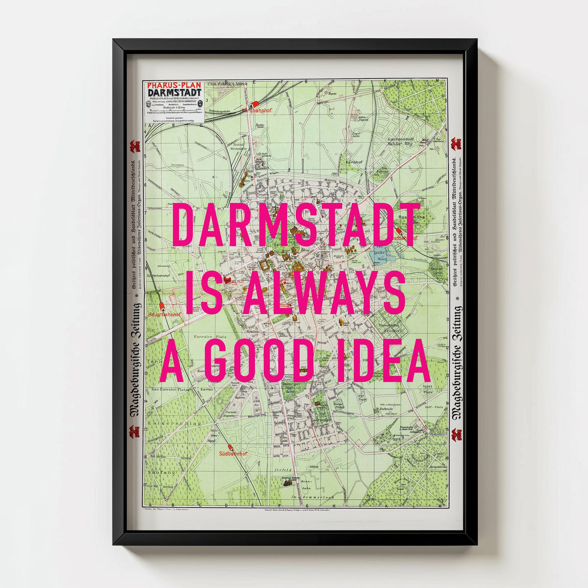 Darmstadt Retro Pop Art Map Print (portrait) - black frame mockup - Magic Posters