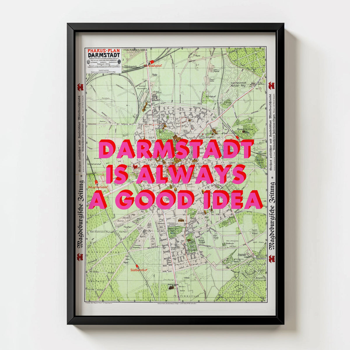 Darmstadt Retro Pop Art Map Print (portrait) - black frame mockup - Magic Posters