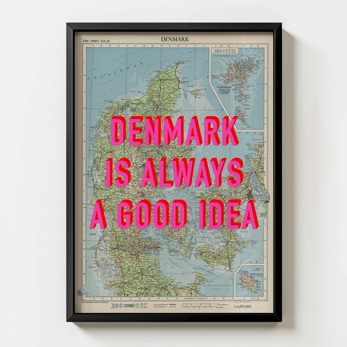 Denmark Retro Pop Art Map Print (portrait) - black frame mockup - Magic Posters Bold