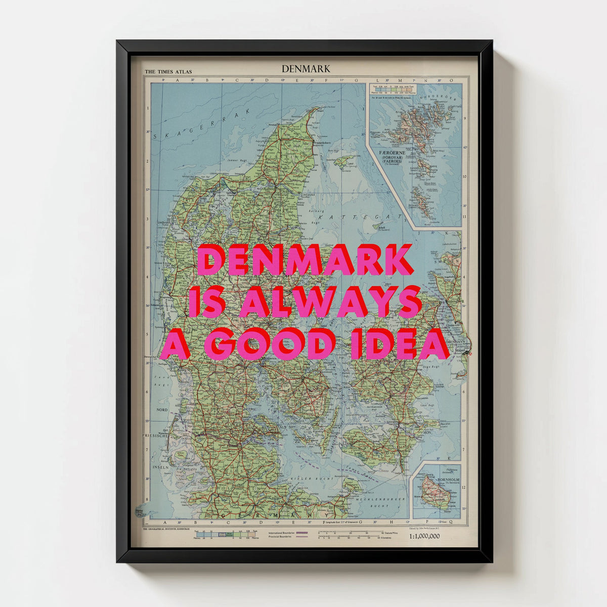 Denmark Retro Pop Art Map Print (portrait) - black frame mockup - Magic Posters