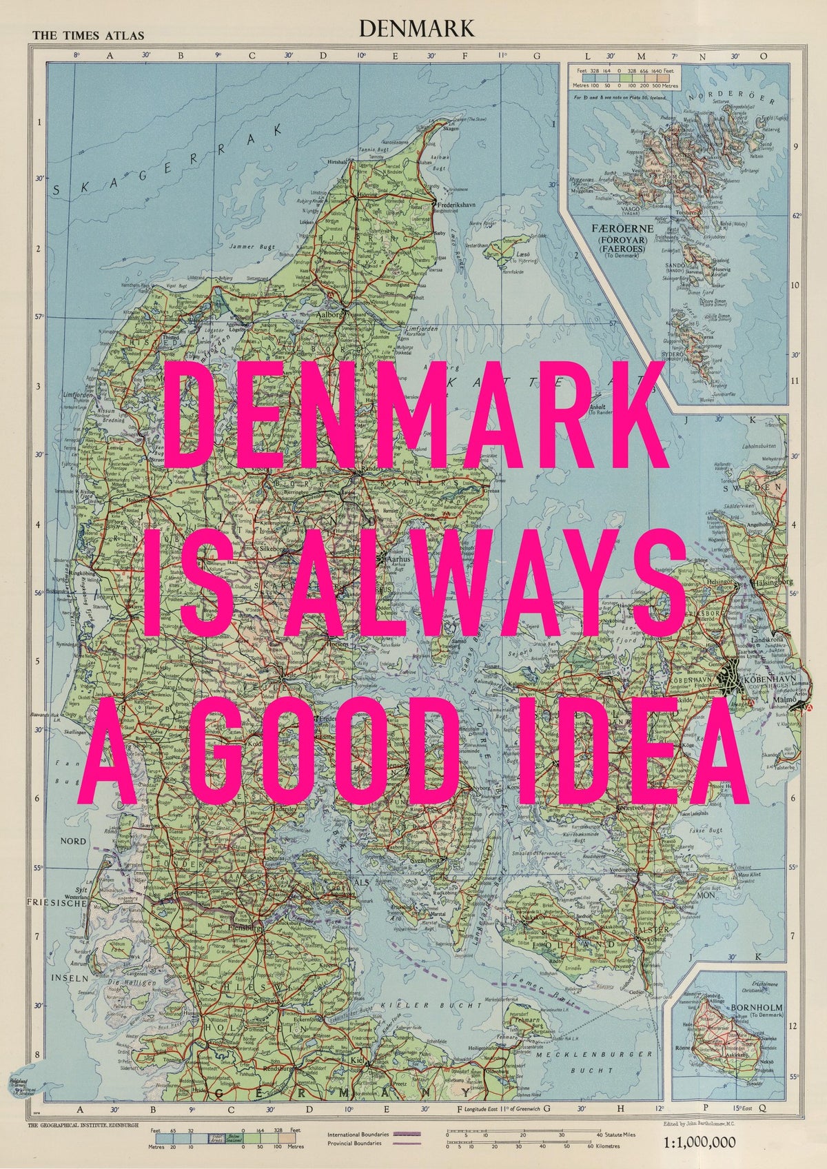 Denmark Retro Pop Art Map Print (portrait) - Magic Posters