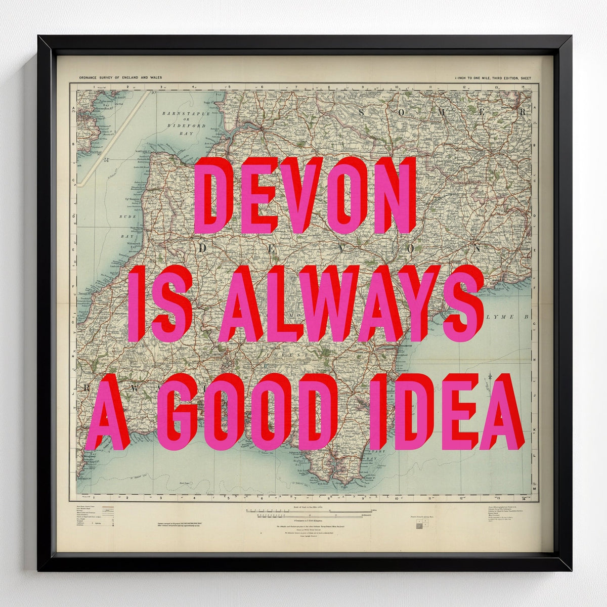 Devon Retro Pop Art Map Print - black frame mockup - Magic Posters