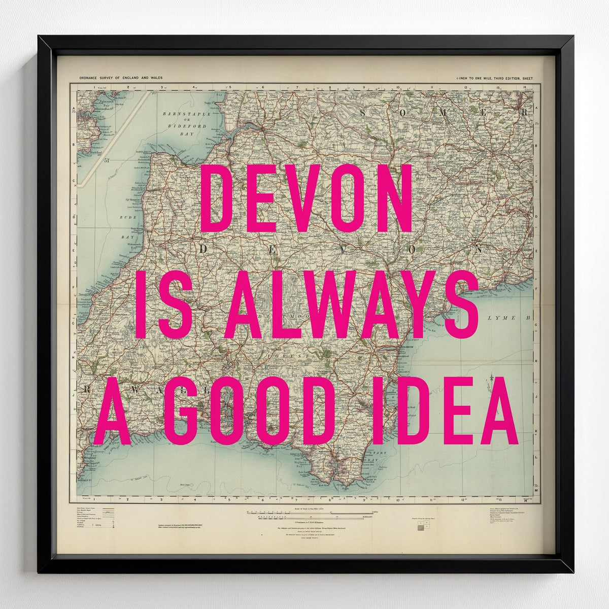 Devon Retro Pop Art Map Print - black frame mockup - Magic Posters