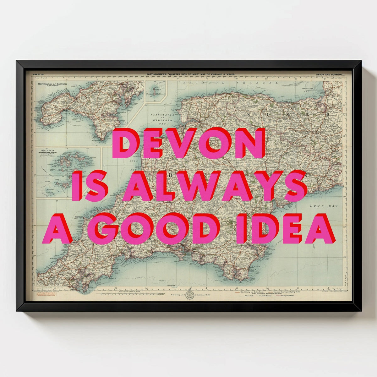 Devon Retro Pop Art Map Print - black frame mockup - Magic Posters