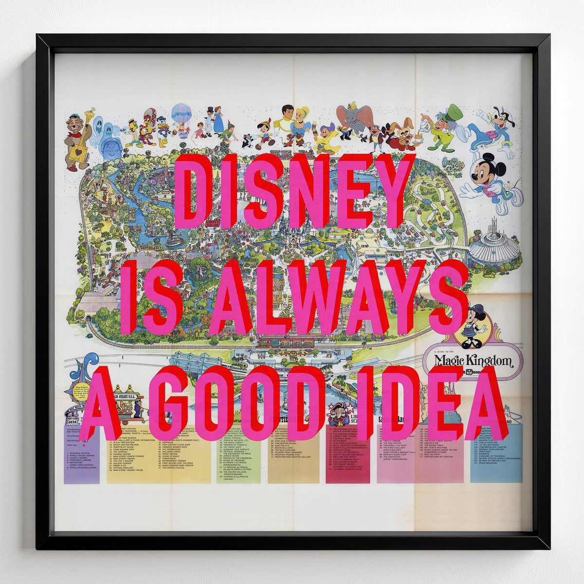 Disney World Florida Retro Pop Art Theme Park Map Print - black frame mockup - Magic Posters
