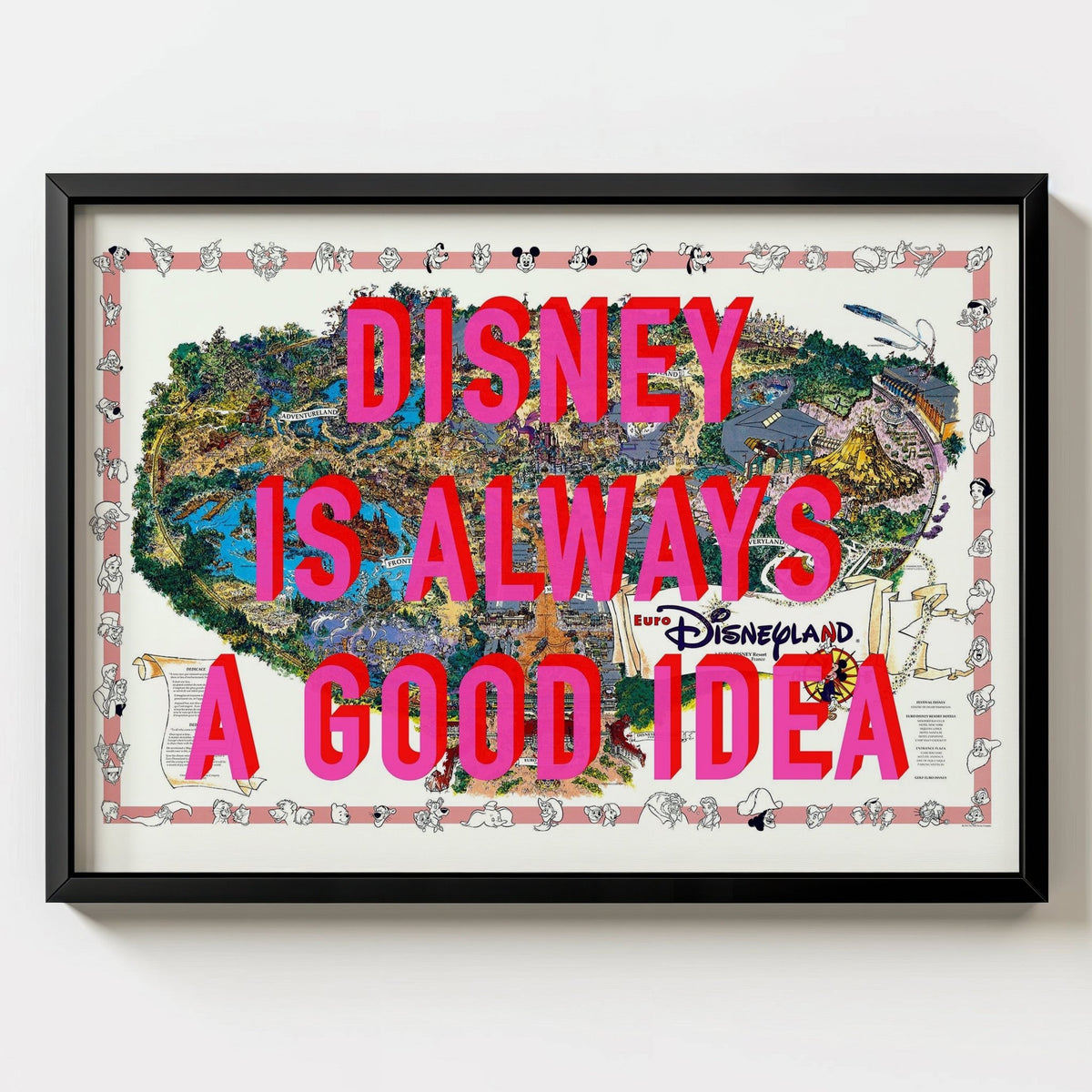 Disneyland Paris Retro Pop Art Theme Park Map Print - black frame mockup - Magic Posters
