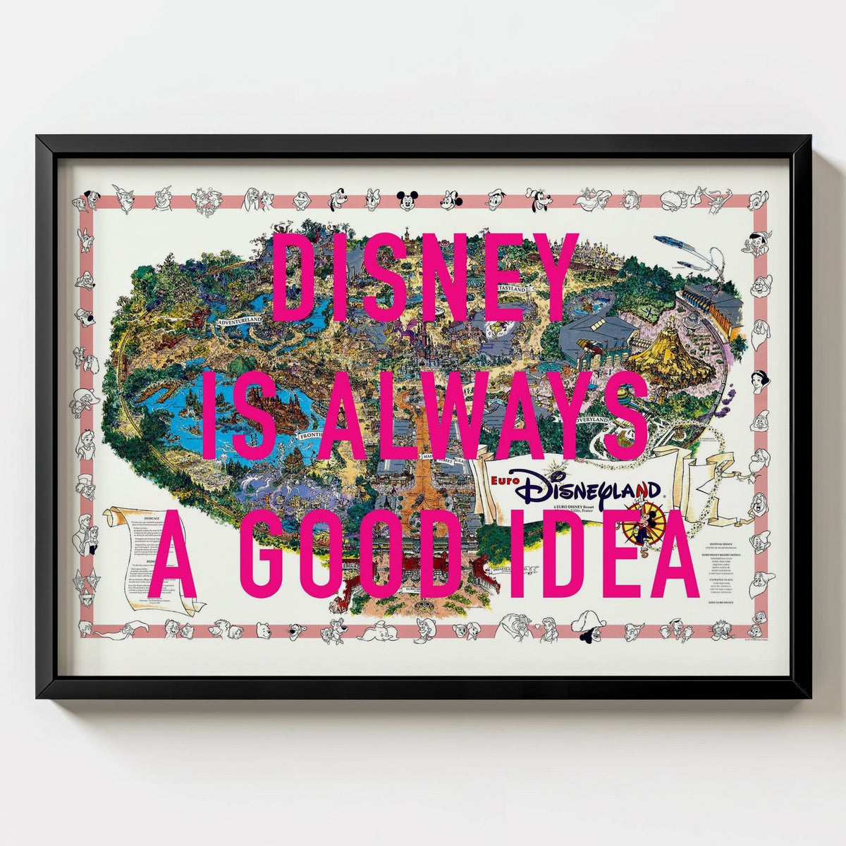 Disneyland Paris Retro Pop Art Theme Park Map Print - black frame mockup - Magic Posters